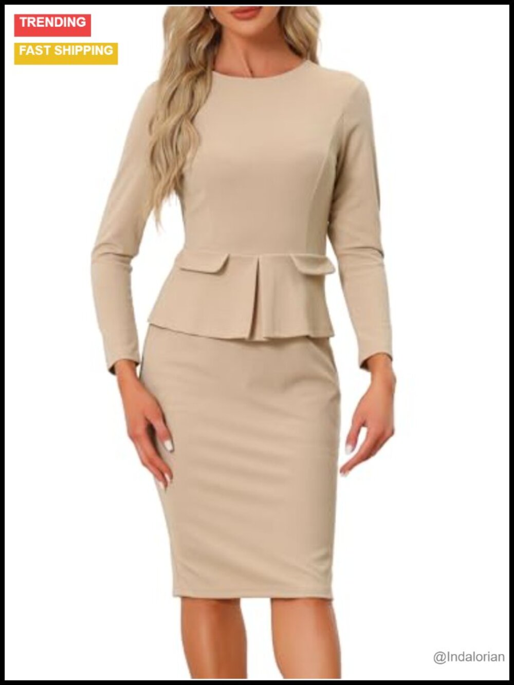 Long Sleeve Peplum Sheath Dress with Pockets for Work